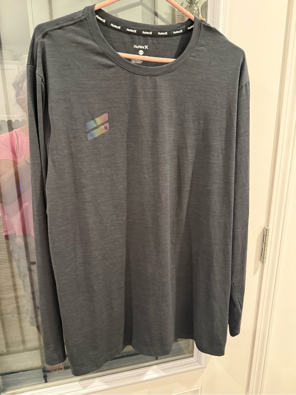 Hurley Men's Long Sleeve Tee in Charcoal Gray with Iridescent Logo